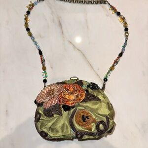 Mary Frances Green Floral Clutch with Beaded Strap